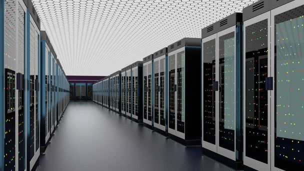 Серверы. Центр обработки данных серверной. Резервное копирование, хостинг, мэйнфрейм, ферма и компьютерная стойка с информацией для хранения. 3D рендеринг
 - Фото, изображение