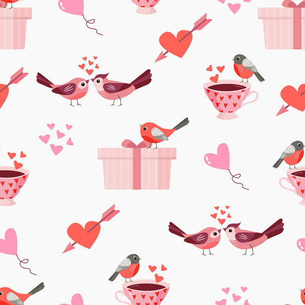 Valentine's Day. Seamless pattern with cute illustrations. White background, isolate. Design for fabric, textile, wallpaper, packaging, wrapping paper. - Διάνυσμα, εικόνα