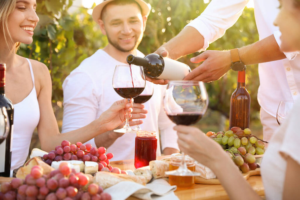 Barátok kezében pohár bor és szórakozás szőlő, közelkép - Fotó, kép