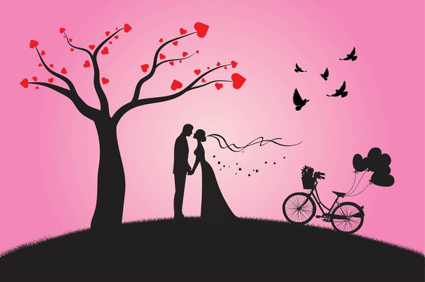 Liebe Einladungskarte Valentinstag Hintergrund mit Männern Frauen Vögel Schmetterling Fahrrad Ballon und Herzbaum, Romantische Liebe Banner für Valentinstag - Vektor, Bild