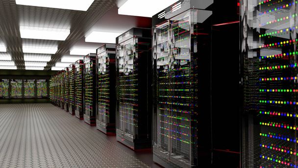 Server. Data center della sala server. Backup, hosting, mainframe, farm e computer rack con informazioni di archiviazione. rendering 3d
 - Foto, immagini