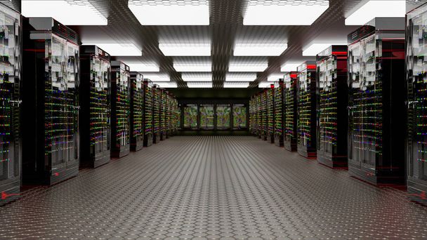 Server. Serverraum Rechenzentrum. Backup, Hosting, Großrechner, Bauernhof und Computerregal mit Speicherinformationen. 3D-Darstellung - Foto, Bild