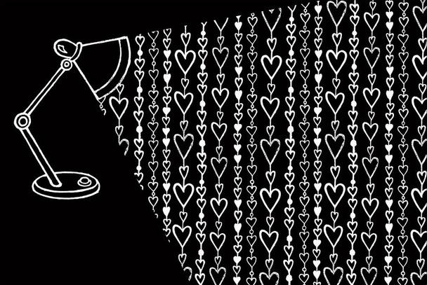 czarno-biały rysunek lampy stołowej oświetlającej girlandę serc - Zdjęcie, obraz