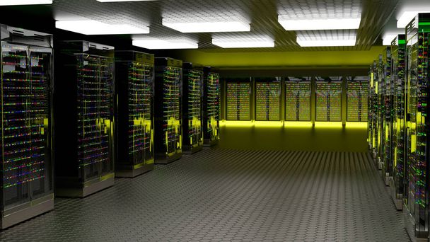Servers. Datacenter serverruimte. Back-up, hosting, mainframe, boerderij en computer rek met opslaginformatie. 3d renderen - Foto, afbeelding