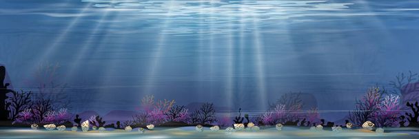 Під водою в глибоководному синьому морі на острові, Панорама дно океану з сонячним промінням, що сяє на підводних істотах, коралових рифах, морських водоростях і оболонці в природному середовищі проживання, векторному горизонті морському або морському фоні
 - Вектор, зображення