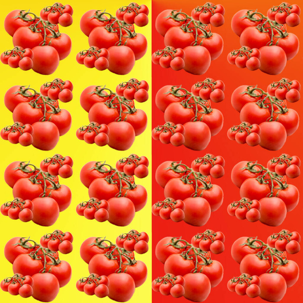 Tomatoes on a branch on a yellow-red gradient background pattern, flat layout, template, advertising, banner, top view - Photo, Image