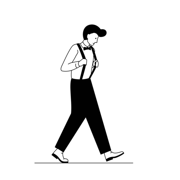 Stylowy chłopak noszący szelki i łuk. Zarys ilustracji wektora człowieka stojącego w modnej stylowej odzieży. Czarno-biała liniowa ilustracja mężczyzny noszącego aparat na zęby i muszkę - Wektor, obraz
