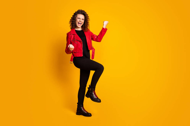 Full size photo of ecstatic girl win raise fists scream isolated over bright shine color background - Фото, зображення