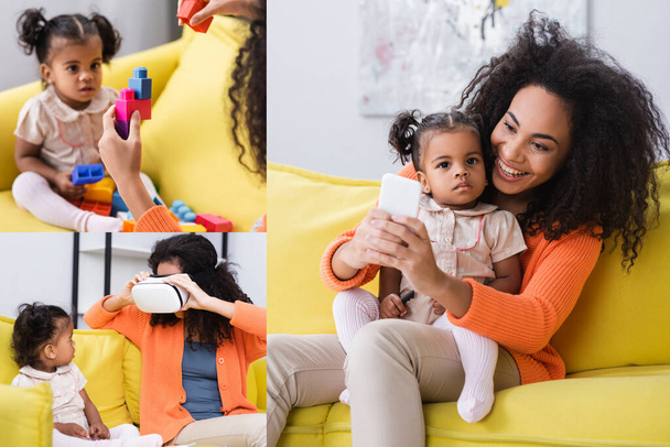 κολάζ της αφρικανικής αμερικανικής μητέρας παίζει παιχνίδι δομικά στοιχεία και την προσαρμογή vr ακουστικά και τη λήψη selfie με την κόρη στο σαλόνι - Φωτογραφία, εικόνα