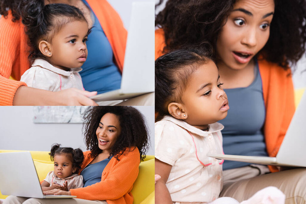 collage of african american freelancer using laptop near toddler daughter in living room - 写真・画像