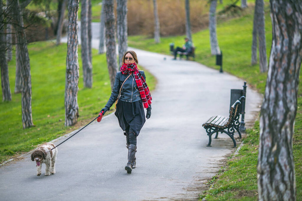 woman walking dog on leash in the park - Foto, afbeelding