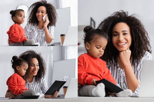 collage of cheerful african american mother talking on smartphone near toddler daughter on desk  - Fotoğraf, Görsel