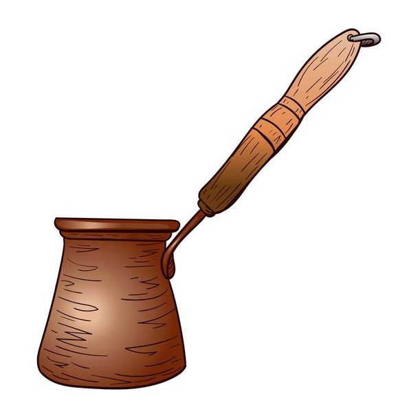 Coffee maker, cezva, with wood handle copper color stock vector illustration for design and decor, sticker, poster, template, copper cookware - Vettoriali, immagini