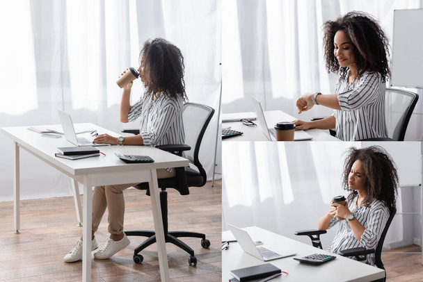 collage of african american freelancer holding paper cup, drinking coffee to go and looking at watch near laptop on desk  - Fotografie, Obrázek