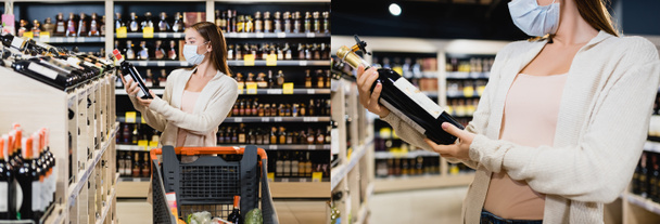 Collage of young woman in medical mask holding bottle of wine near shopping cart in supermarket, banner  - Foto, Imagen