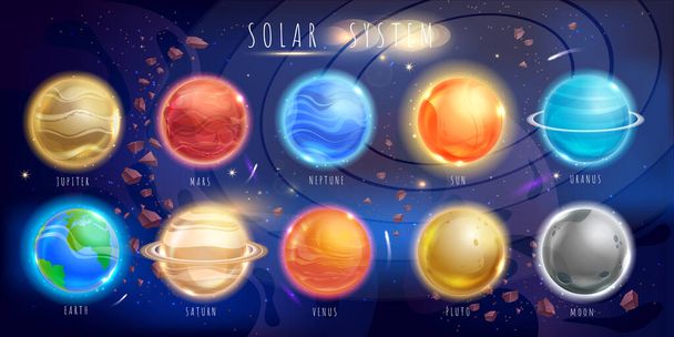 Set of colours planets. Space background. Solar system planets venus, mercury, neptune, uranium, upiter, earth, mars, sun, pluto, moon. Vector illustration - Фото, изображение