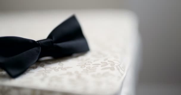 テーブルの上の黒い蝶ネクタイ。ファッションの背景. - 映像、動画