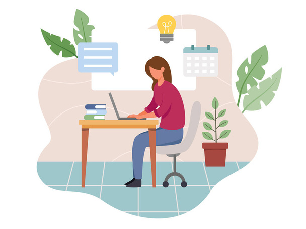 Young woman working from home during coronavirus pandemic. Freelance working concept, People work remotely from home. Vector illustration in a flat style - Vector, Image