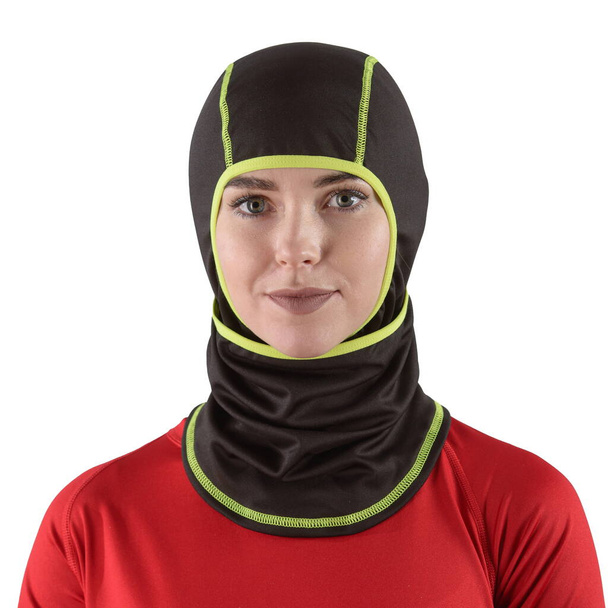 pretty brunette with long hair in a red shirt with a black balaclava with neon green edging - Photo, Image