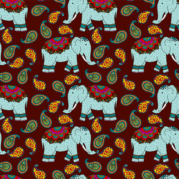 seamless pattern in bright colors, Indian ornaments and elephants, wallpaper, wrapping paper - Vektor, Bild