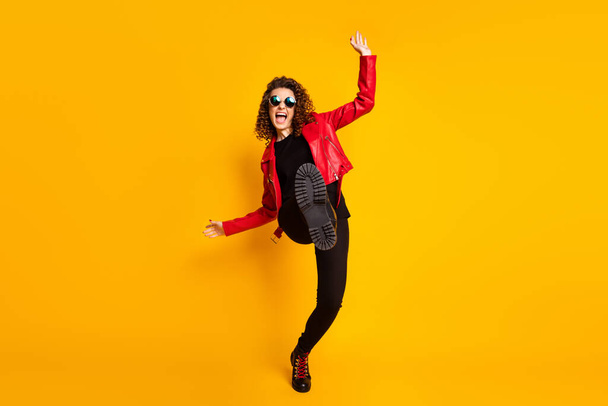 Full length photo of funky girl raise legs wear good look clothes isolated over bright color background - Fotografie, Obrázek