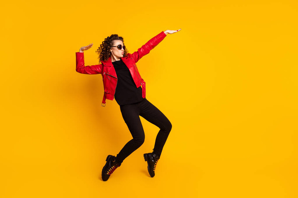 Full size profile side photo of cool girl raise hands dance look copyspace isolated over bright color background - Foto, Imagen