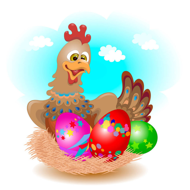 Easter chicken with easter eggs in a nest against the blue sky - Vector, afbeelding