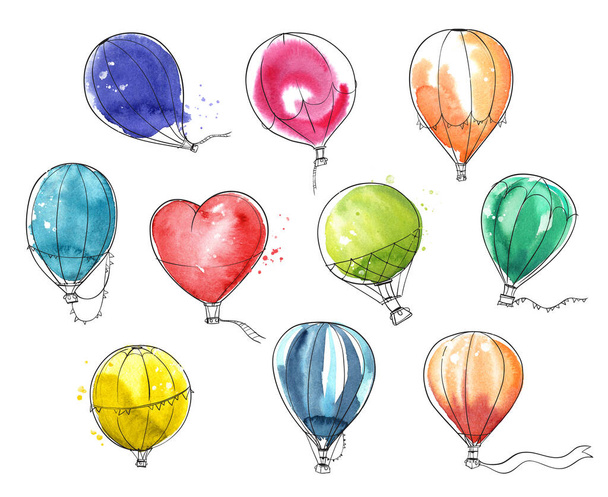 Set van kleurrijke aquarel heteluchtballonnen  - Foto, afbeelding