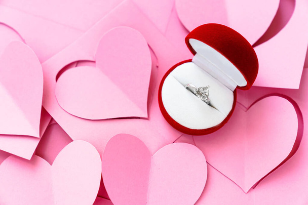 Happy valentines day 2021. Heart-shaped valentines and engagement ring - Φωτογραφία, εικόνα