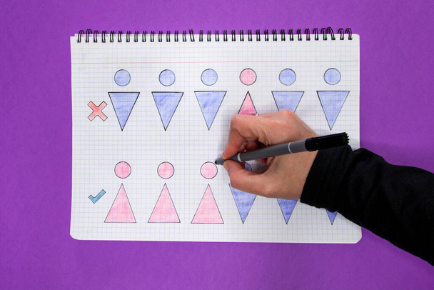 Tiro aéreo de um caderno com desenhos que representam desigualdade e igualdade entre homens e mulheres e uma mão que os desenha. Conceito de igualdade de género. - Foto, Imagem