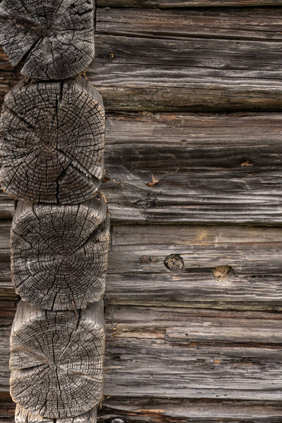 Wooden log cabin or felling  Rustic texture or background. Aged wood wall and boards - Фото, зображення