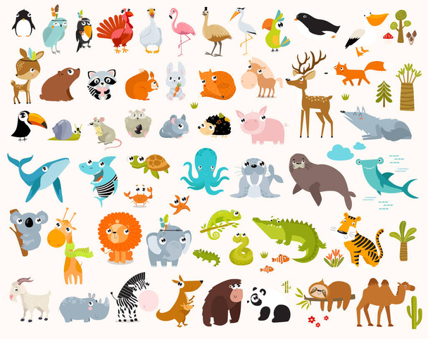 Print. Big vector set of cartoon animals. Forest animals, tropical animals, sea animals. - Vector, Image