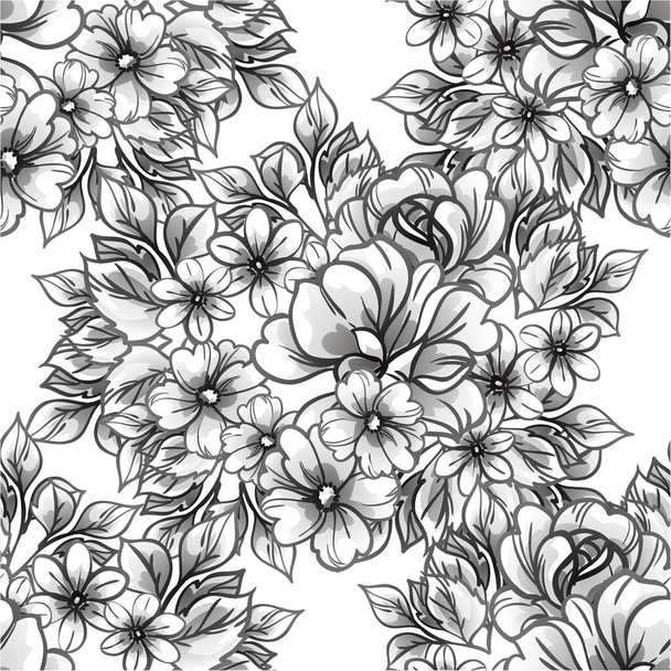 black and white abstract seamless vector pattern with flowers - Vetor, Imagem