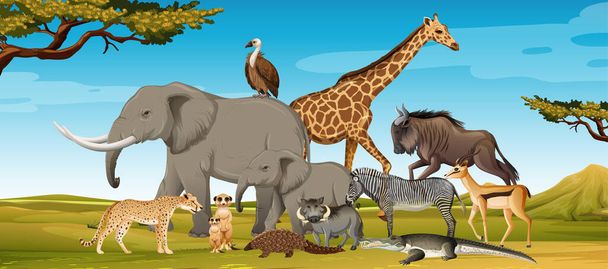 Grupo de animales salvajes africanos en la escena forestal ilustración - Vector, imagen