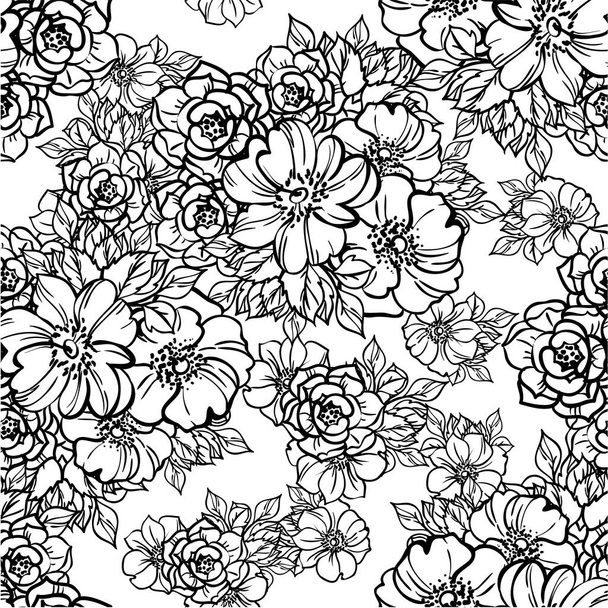 black and white abstract seamless vector pattern with flowers - Вектор,изображение