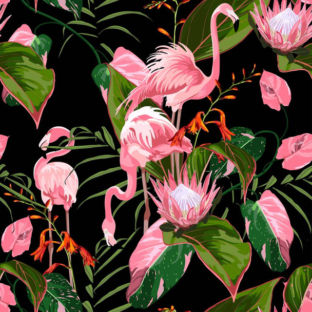 Pink flamingo and exotic flowers, palm leaves on black background. Floral seamless pattern. Tropical illustration. Exotic plants, birds. Summer beach design. Paradise nature. - Vector, Image