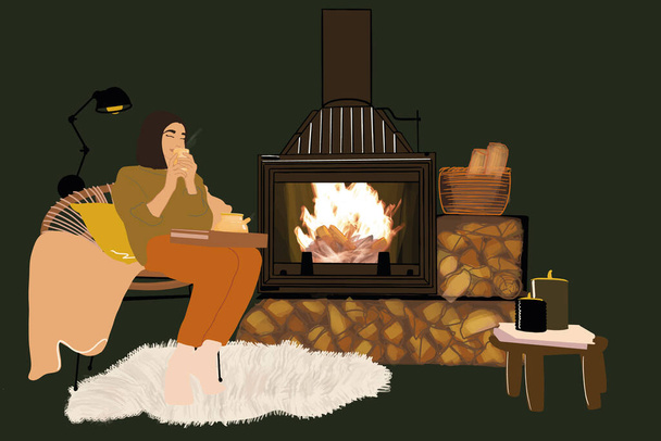 暖炉と木製の居心地の良い装飾されたリビングルームに座っている女性。パステルトーンでベクトルイラスト - ベクター画像