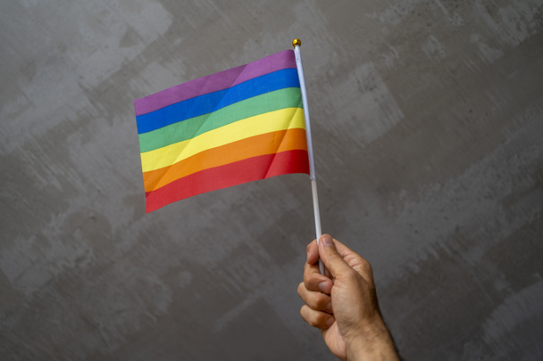 Az LMBT büszkeség zászlaját tartó és lobogtató személy. Sokszínű béke szivárvány zászló mozgalom. Eredeti színes szimbóluma a meleg büszkeség - Fotó, kép