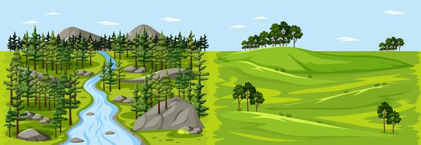 森の自然景観と空の牧草地景観図 - ベクター画像