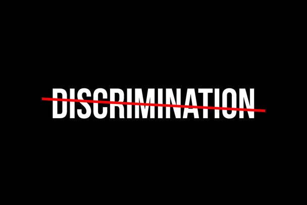 Weißes Diskriminierungswort mit einer roten Linie an der Spitze. Schluss mit Diskriminierung - Foto, Bild