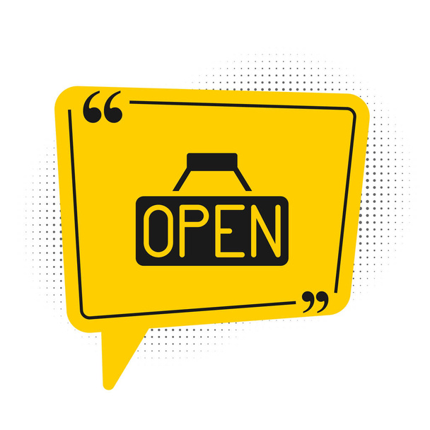 Black Hanging sign with text Open door icon isolated on white background. Yellow speech bubble symbol. Vector. - Vector, Image