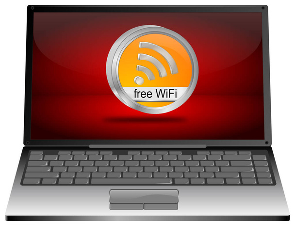 Computer portatile con pulsante WiFi gratuito arancione sul desktop rosso - Illustrazione 3D - Foto, immagini