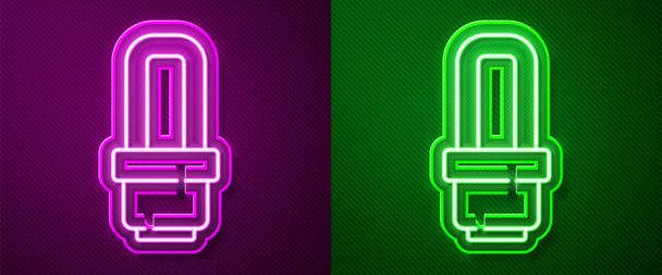 Glowing neon line LED light bulb icon isolated on purple and green background. Economical LED illuminated lightbulb. Save energy lamp.  Vector. - Vector, Image