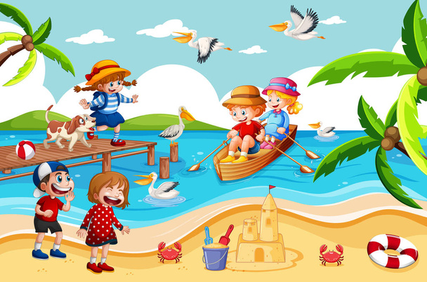 Gyerekek evezni a hajót a strandon jelenet illusztráció - Vektor, kép