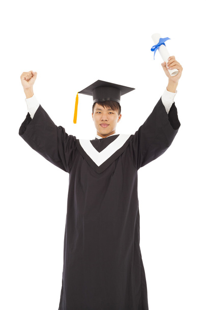  asiatique heureux diplômé élève lever la main avec diplôme
 - Photo, image