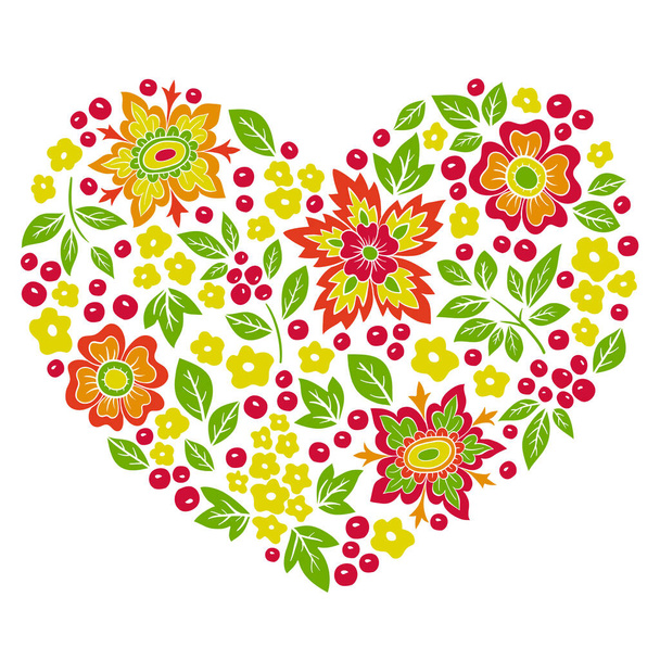 Floral heart, flowers, leaves and berries, romantic love vector illustration for Valentine`s day. - Vektör, Görsel