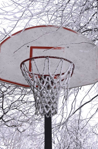 Egy szabadtéri kosárlabda, háttámla, karika és háló hoar fagy borítja. - Fotó, kép
