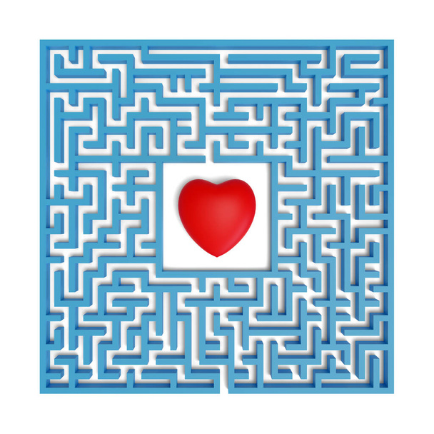 Draufsicht auf ein rotes Herz inmitten eines Labyrinths isoliert auf weißem Hintergrund. 3D-Illustration. - Foto, Bild