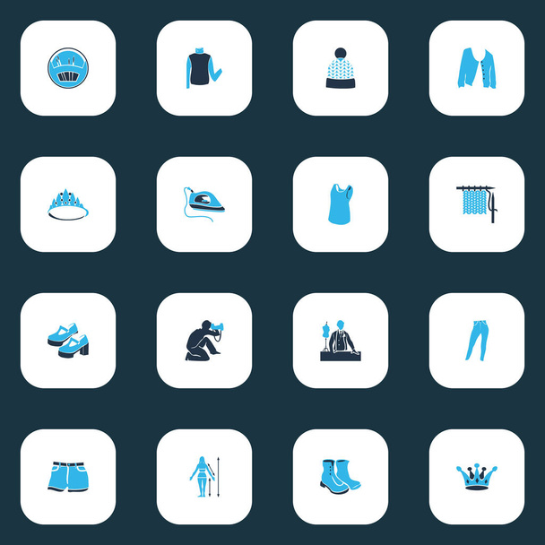 Modieuze iconen gekleurde set met diadeem, high bias roll, platform schoenen en andere beanie elementen. Geïsoleerde illustratie modieuze iconen. - Foto, afbeelding