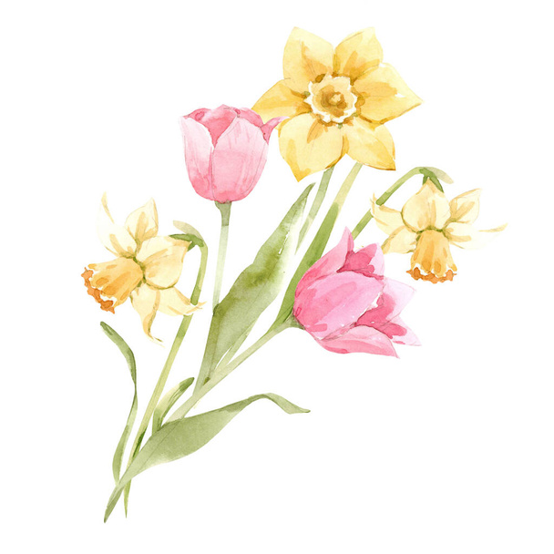 Beautiful image with watercolor gentle blooming spring flowers. Stock illustration. - Foto, imagen